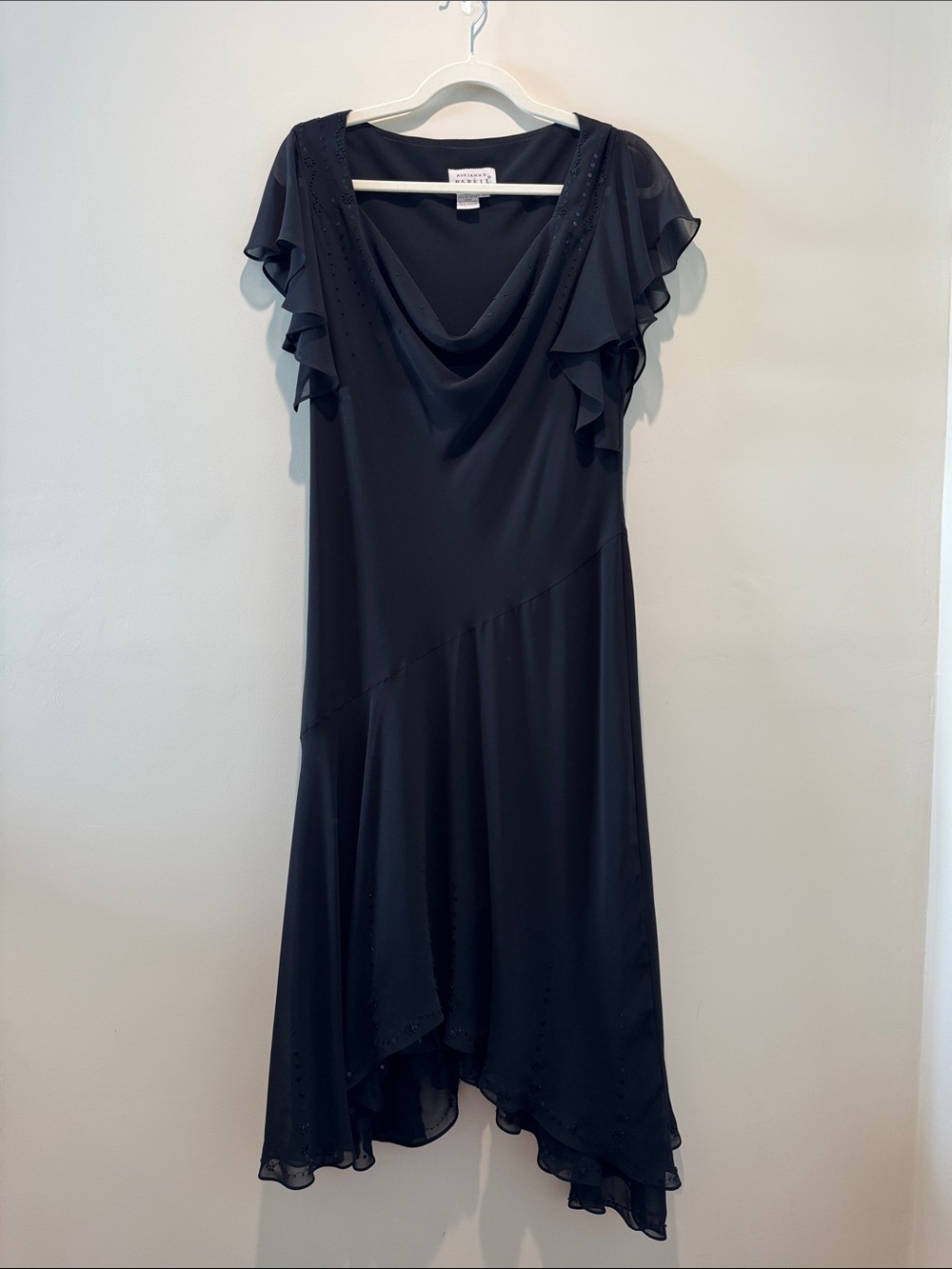 Adrianna Papell Y2K Beaded Black Cowl Neck High-Low Asymmetrical Dress